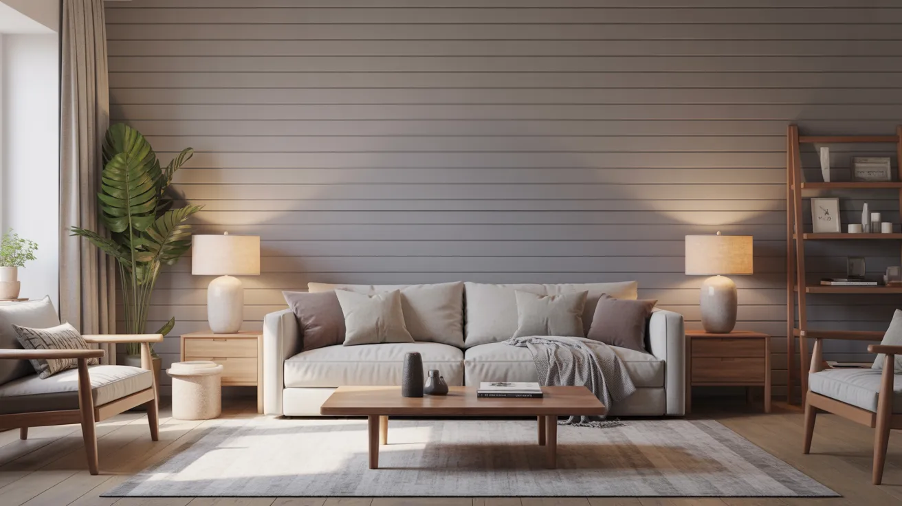 A cozy living room with a beige sofa, wooden coffee table, and soft lighting. Potted plants add greenery, creating a warm and inviting atmosphere.
