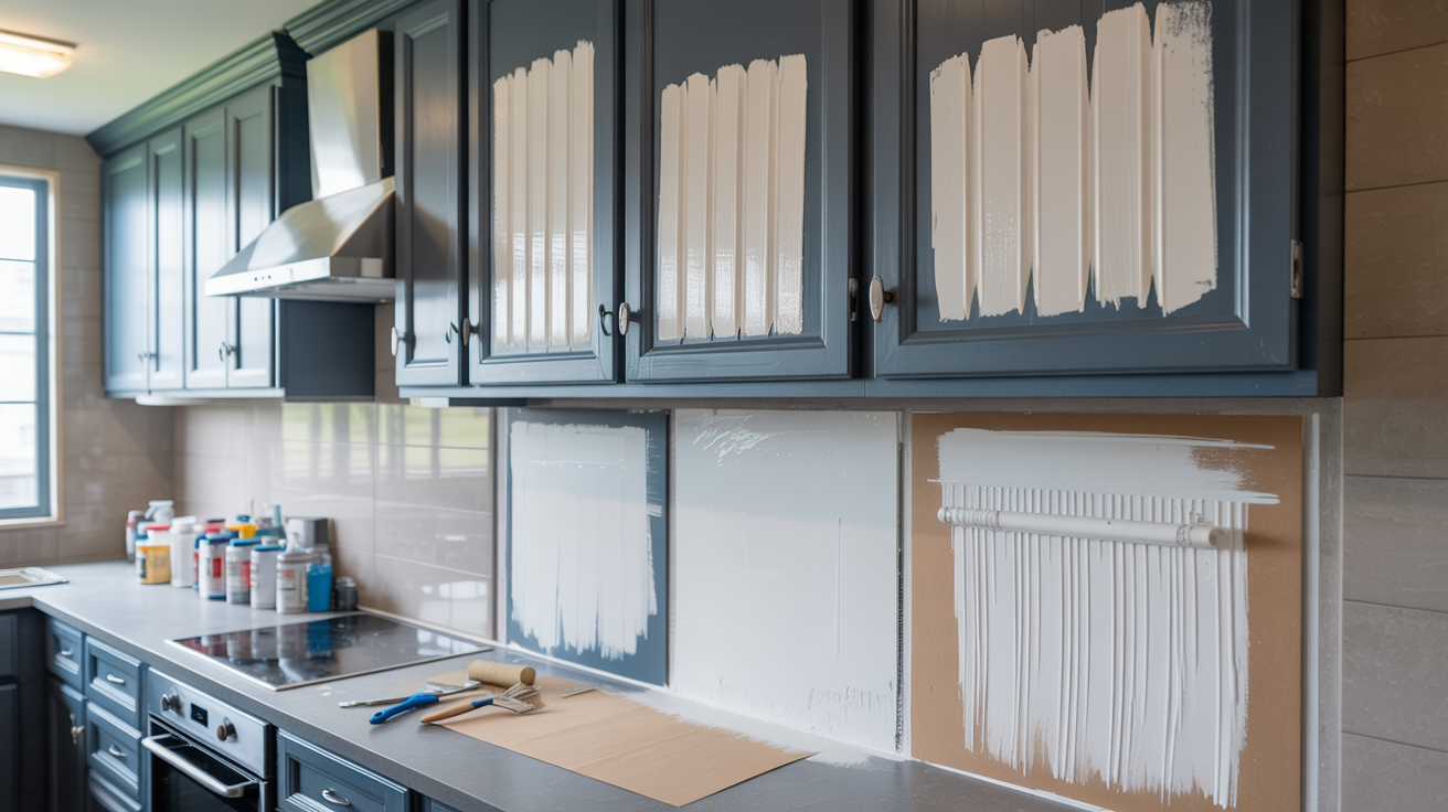 Kitchen with partially painted dark blue cabinets and a tiled backsplash. Paint cans and brushes are on the countertop, evoking a work-in-progress feel.