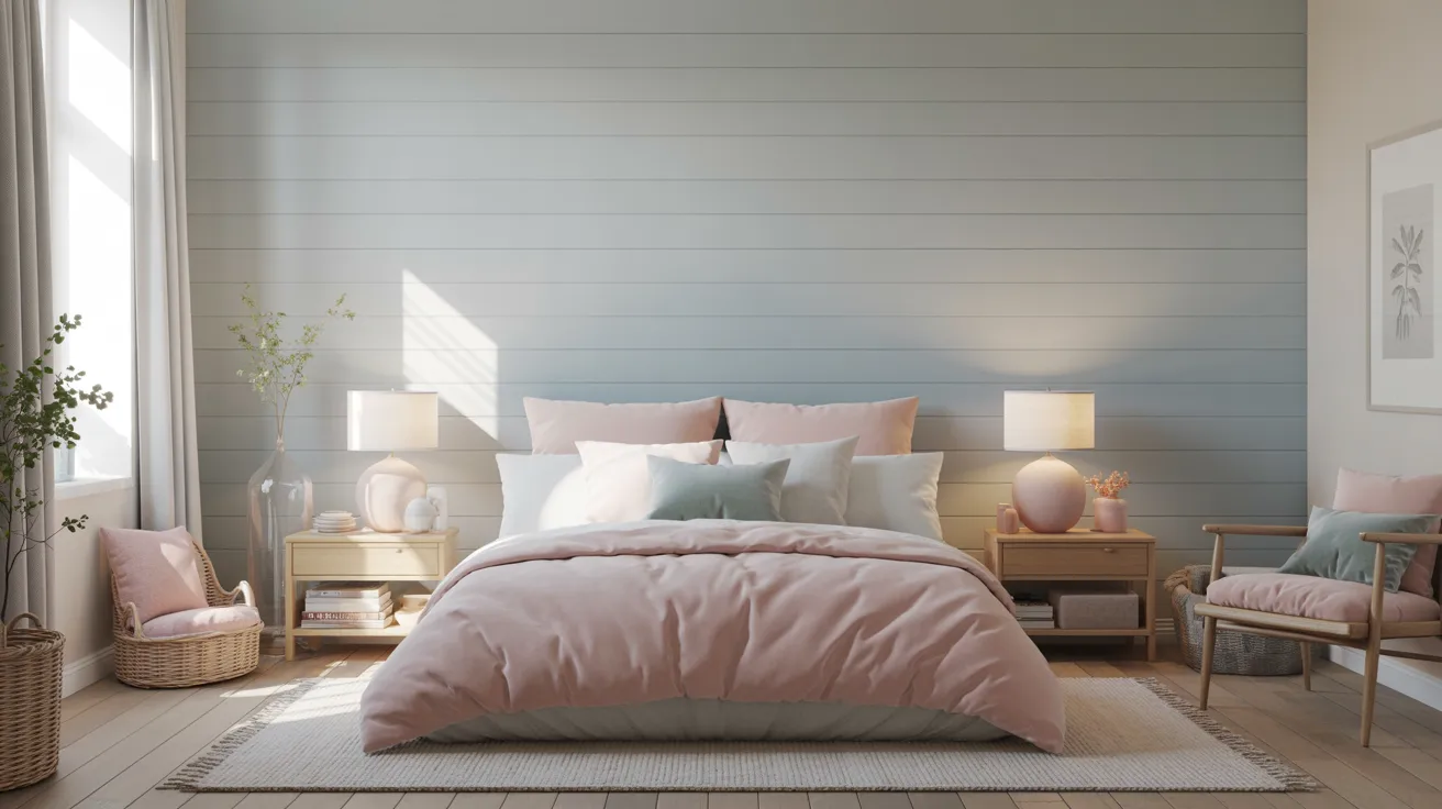 A serene bedroom featuring a pastel color palette with a cozy pink duvet on the bed. Soft lighting from two bedside lamps creates a calm atmosphere.