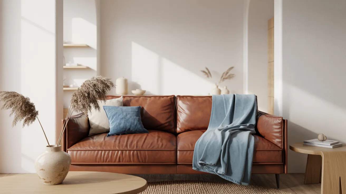 A cozy living room with a brown leather sofa accented by blue and cream cushions. A light blue throw drapes over it. Beige decor and natural light create a serene atmosphere.