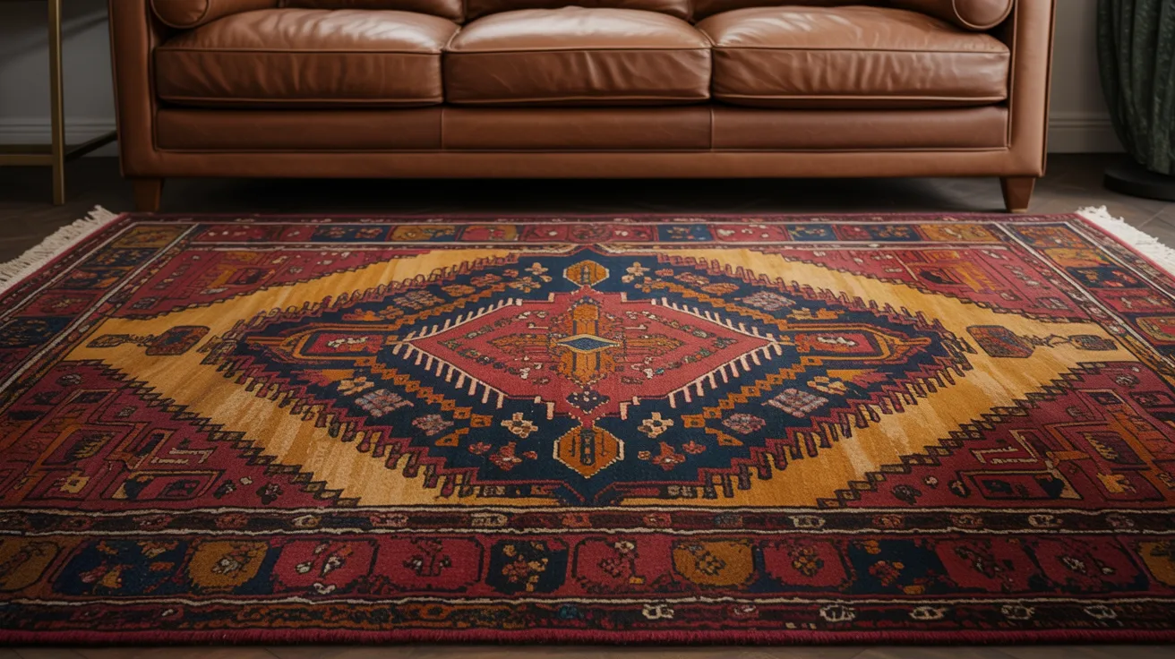 A colorful geometric-patterned rug with red, blue, and yellow tones lies in front of a brown leather sofa, creating a warm and inviting atmosphere.