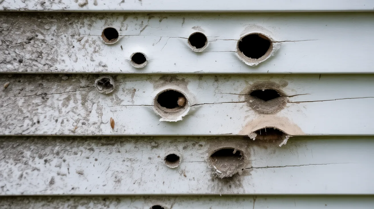 Close-up of damaged house siding with multiple large holes, cracks, and dirt. The image conveys neglect and structural damage, highlighting the need for repair.