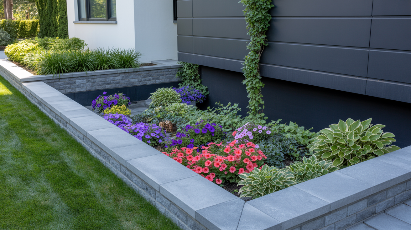 A modern garden with neatly trimmed grass and a raised flower bed. Colorful blooms and greenery flourish against a sleek, dark exterior wall. A serene, tidy ambiance.