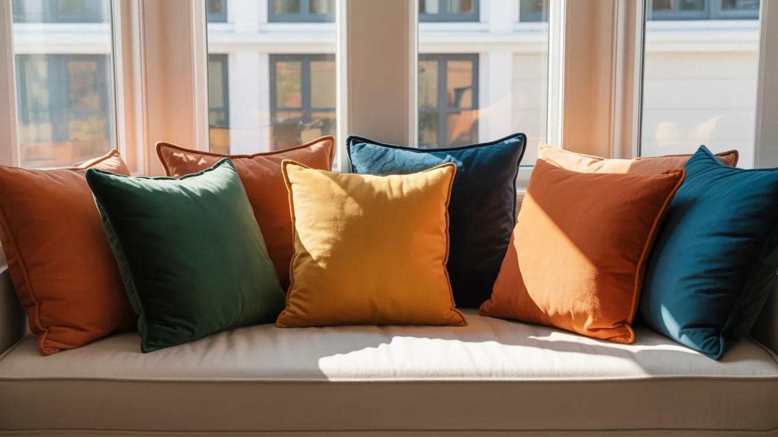 A cozy window seat with sunlight illuminating vibrant pillows in green, yellow, orange, and blue, creating a warm and inviting atmosphere.