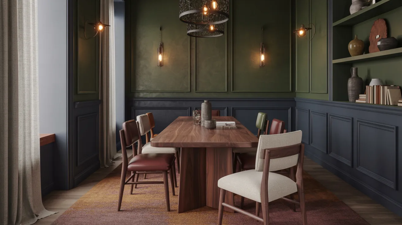 A cozy dining room with a wooden table, plush chairs, and a warm rug. Dim lighting from chandeliers and wall sconces creates a peaceful ambiance.