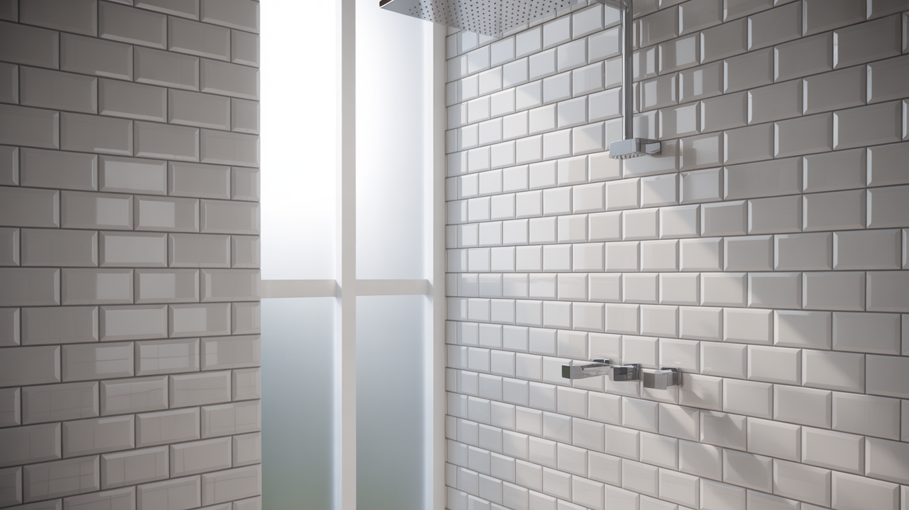 Modern shower with glossy white subway tiles and a sleek showerhead. Natural light streams through a frosted window, creating a calm, clean atmosphere.