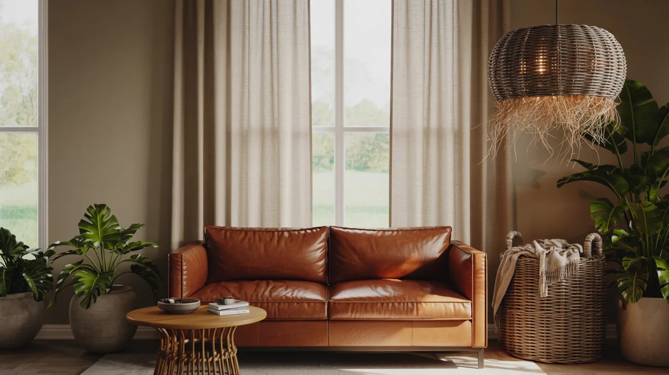 A cozy living room with a brown leather sofa centered between large windows with beige curtains. Potted plants and a wicker lamp add a natural touch.