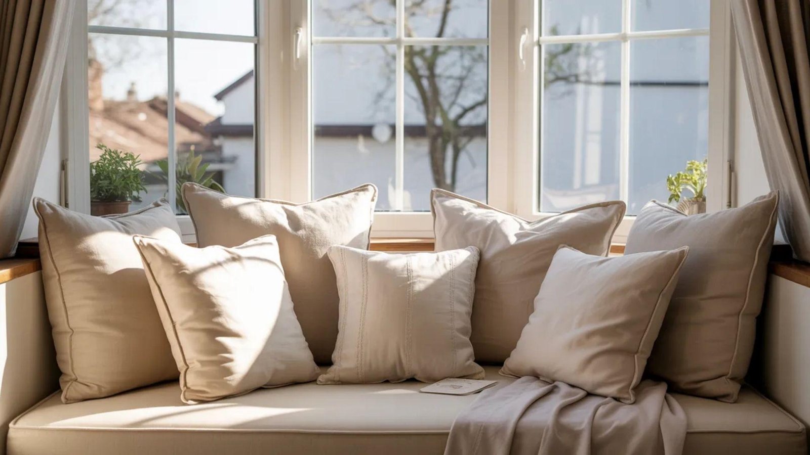 A sunlit window seat adorned with plush beige pillows, flanked by curtains. Outside, a blurred view of rooftops and trees creates a cozy, serene ambiance.