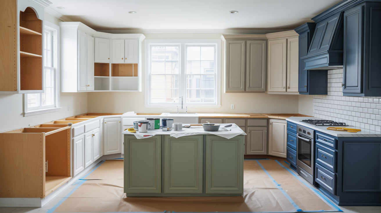 Spacious kitchen under renovation, showcasing two-tone cabinets in white and blue, with light wood accents. An island and painting supplies are present, lending a work-in-progress feel.