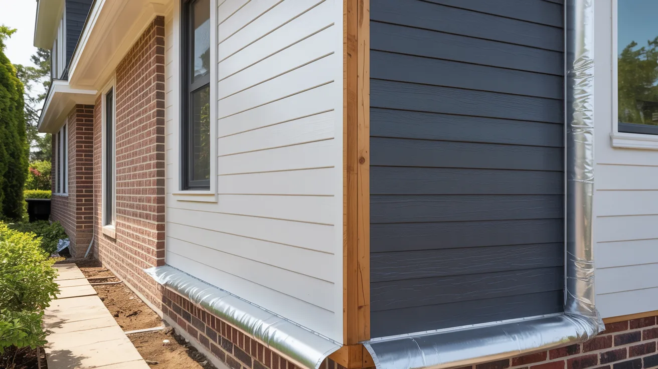 Close-up of a home's exterior corner showing white and dark gray siding with brick foundation. Shiny insulation is visible, conveying a modern renovation.
