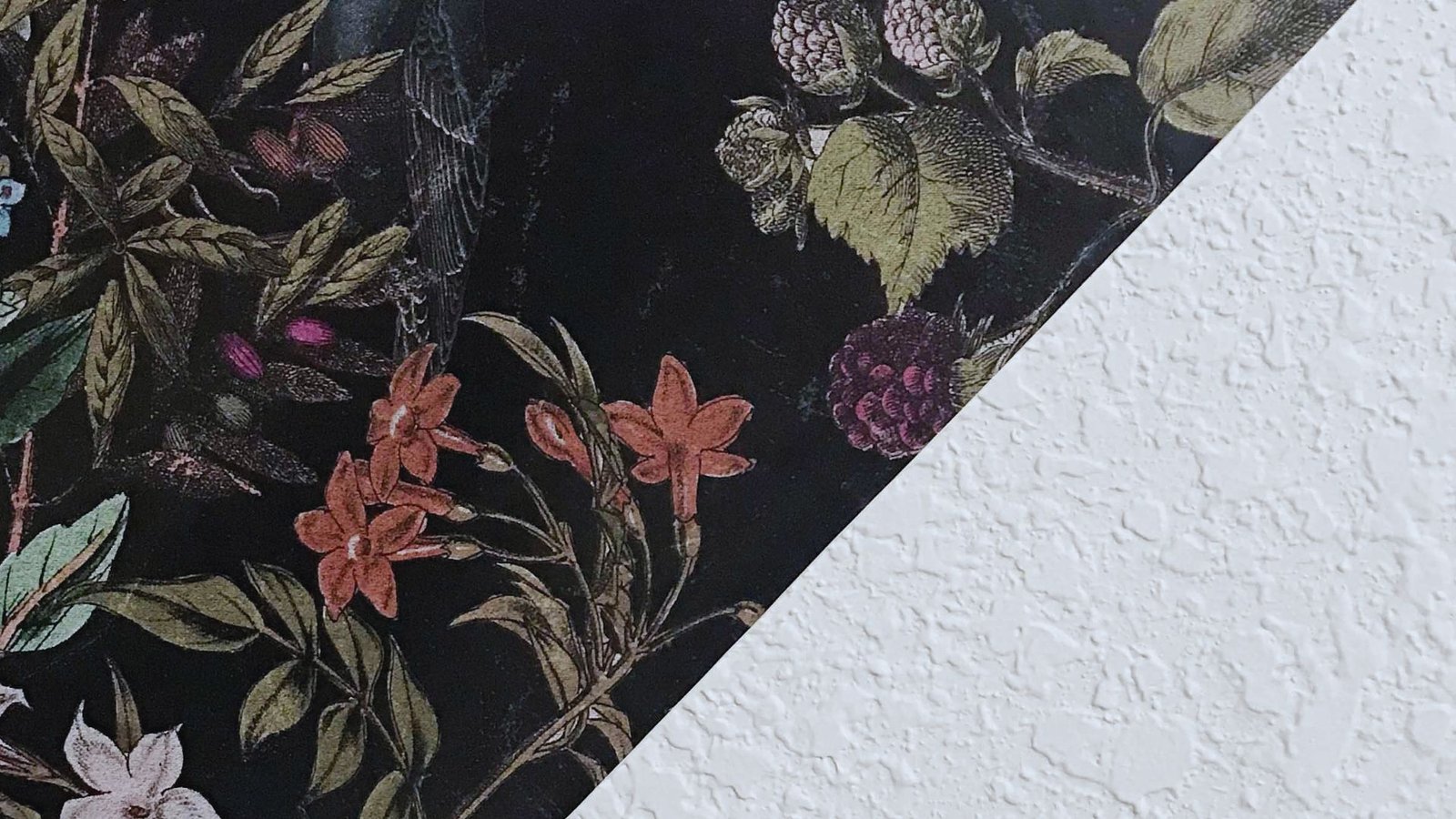 Diagonally split image with floral wallpaper on the left featuring orange flowers and green leaves against a black background, and textured white wall on the right.
