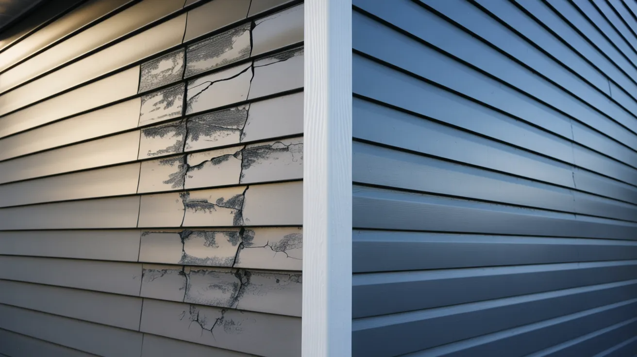 A close-up of a house corner shows one side with damaged, cracked siding and the other with intact blue siding. The image contrasts disrepair and maintenance.