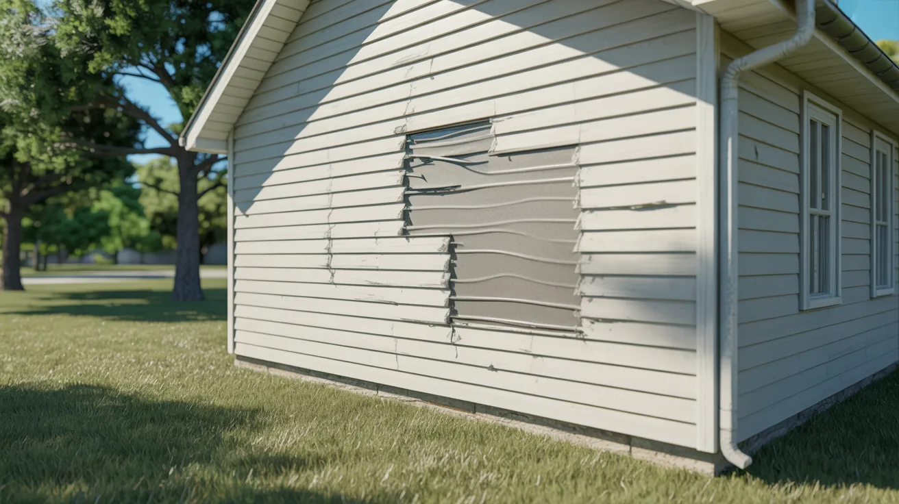 A house's exterior wall shows melted, warped siding under sunlight. It's in a grassy yard with trees, conveying a sense of heat and damage.