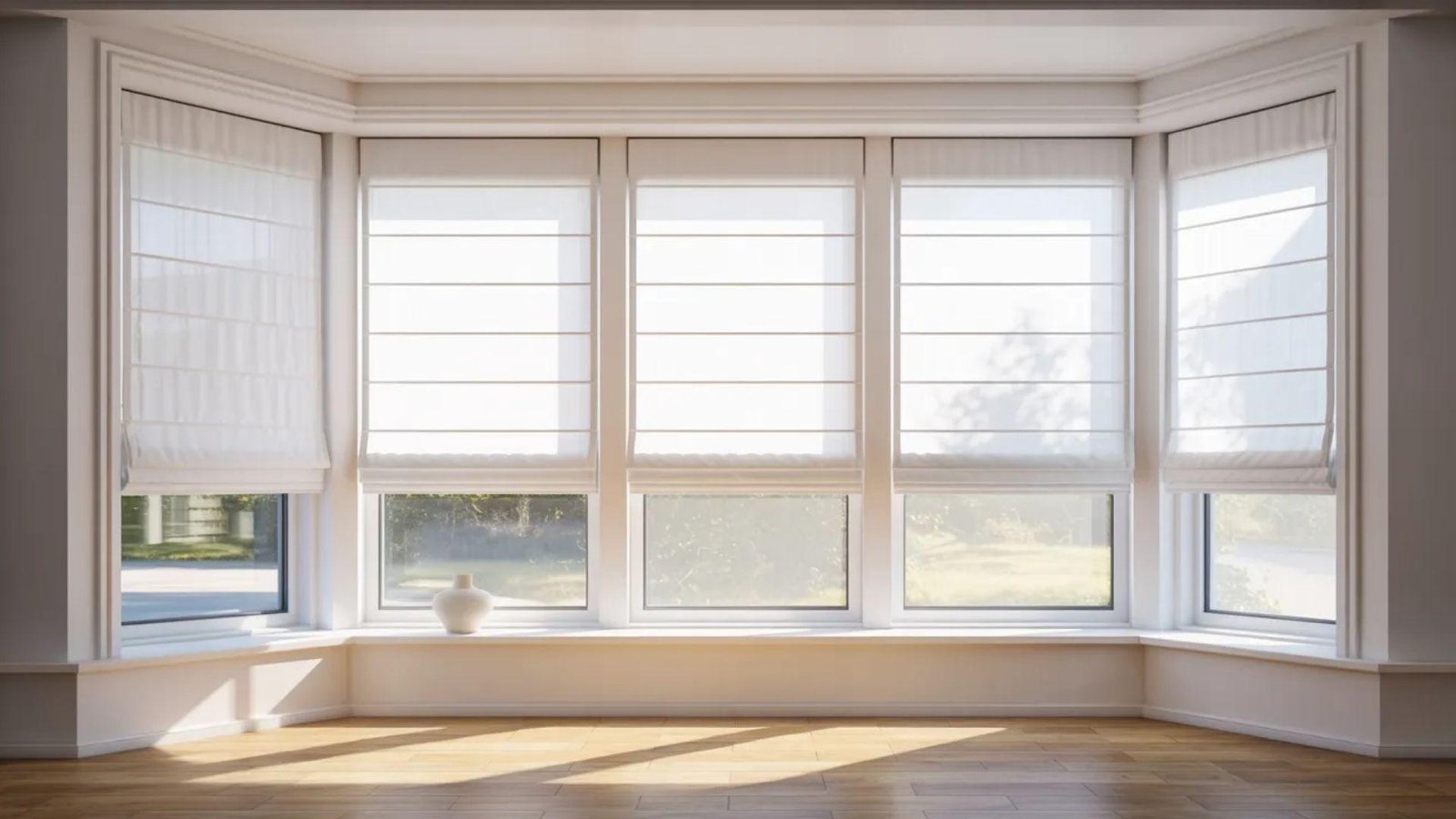 A bright, spacious bay window with sheer white blinds filters soft daylight, casting gentle shadows on the hardwood floor. A single vase sits on the sill.