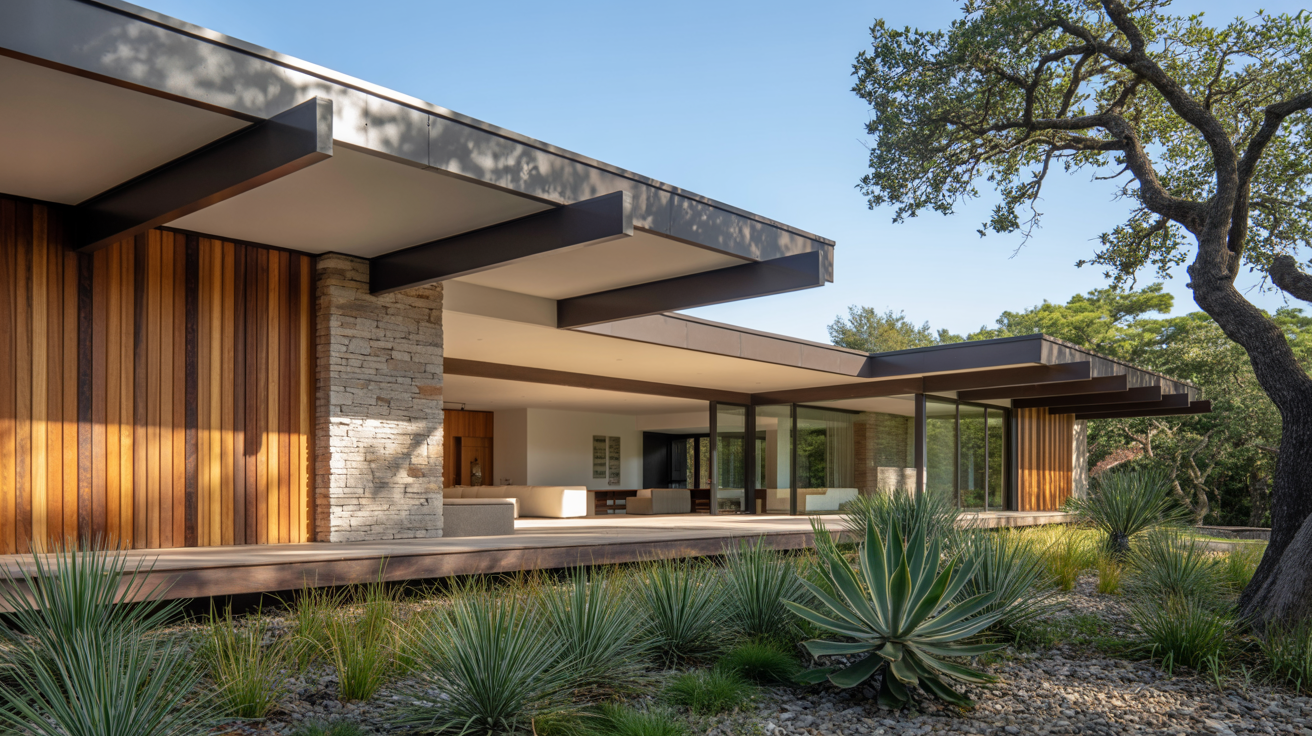 Modern house with flat roof and large glass windows, blending wood and stone elements. Surrounded by desert plants, evoking a serene, natural feel.