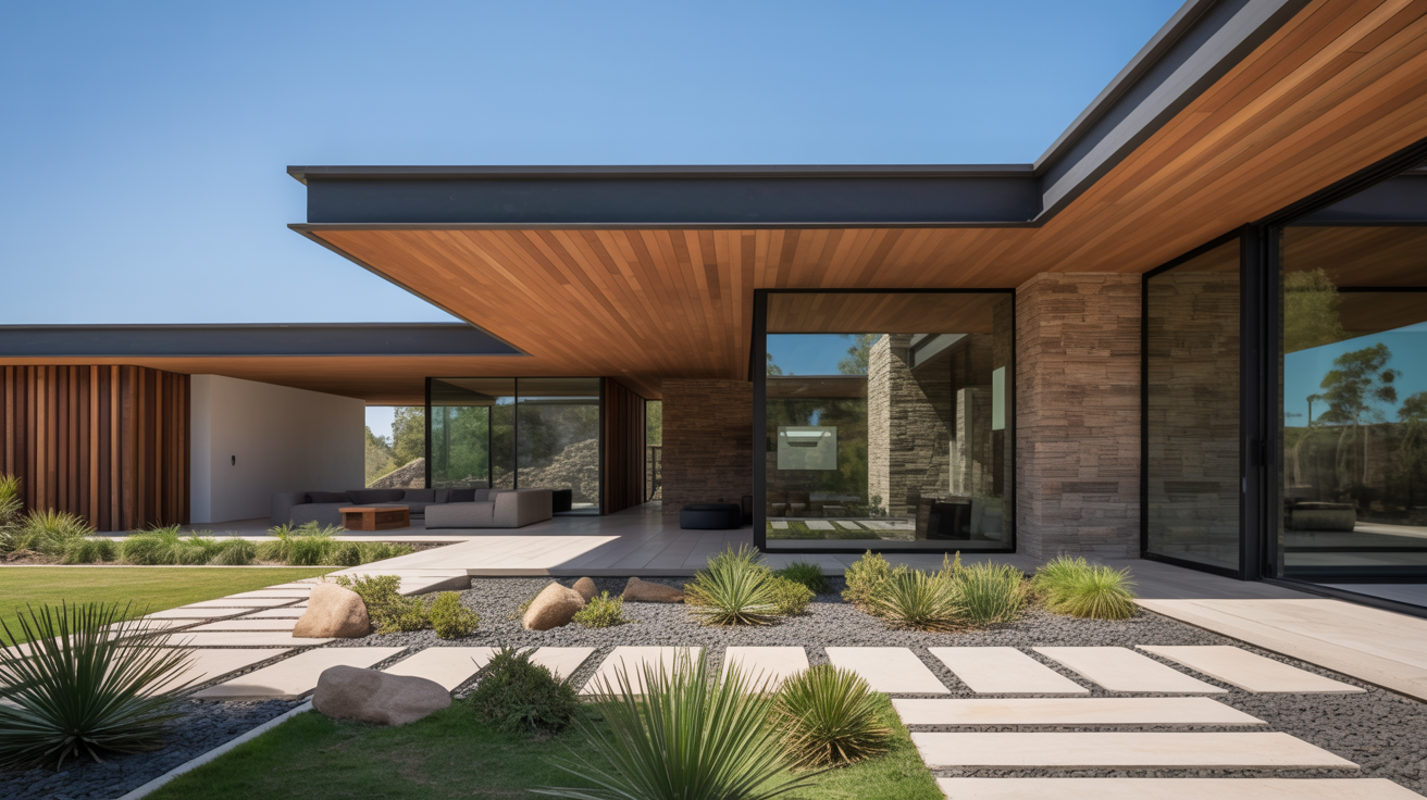Modern home exterior with clean lines, large windows, and a wooden overhang. The landscaped yard features desert plants and stone pathways under a clear sky.