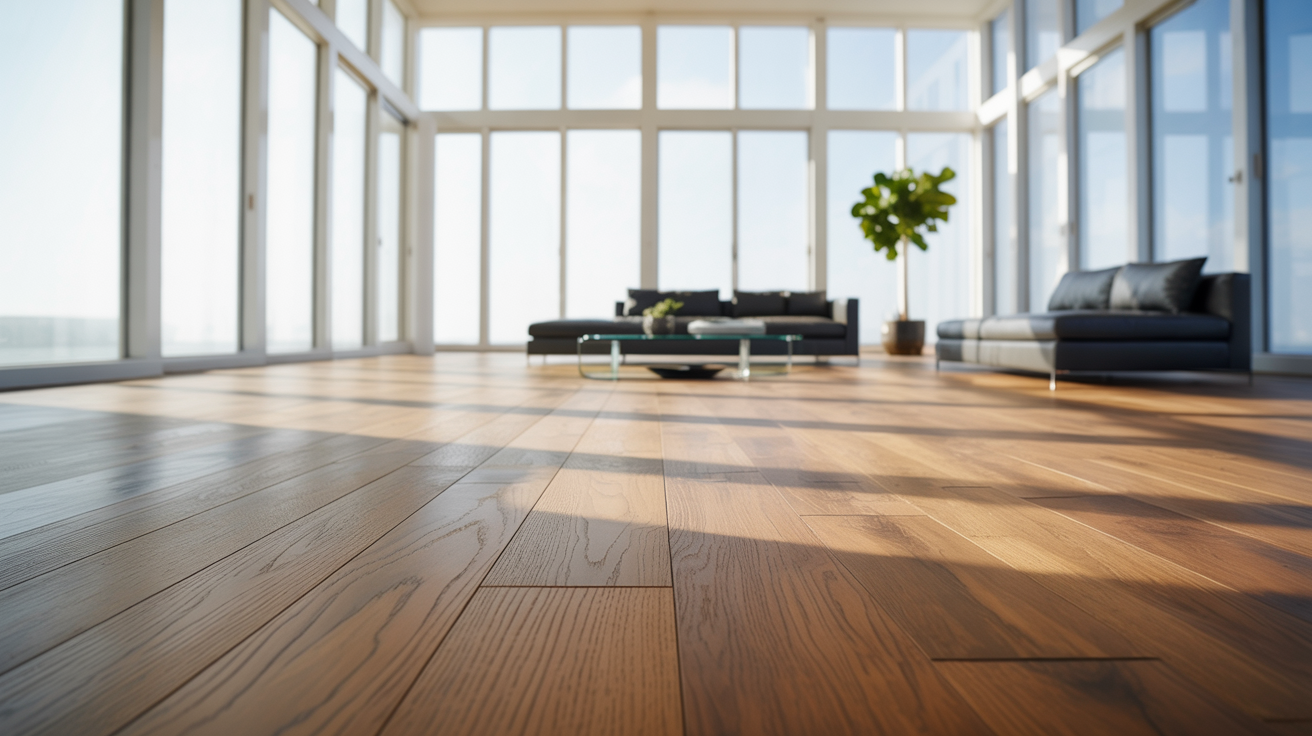 Spacious room with floor-to-ceiling windows, wooden flooring, black sofas, a glass coffee table, and a potted plant, conveying a modern, airy feel.