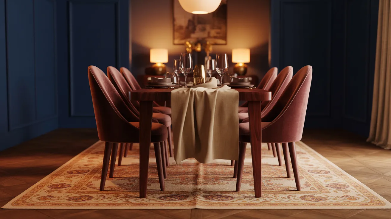 Elegant dining room with a long wooden table, velvet chairs, and a decorative rug. Warm lighting from lamps creates an inviting, cozy atmosphere.