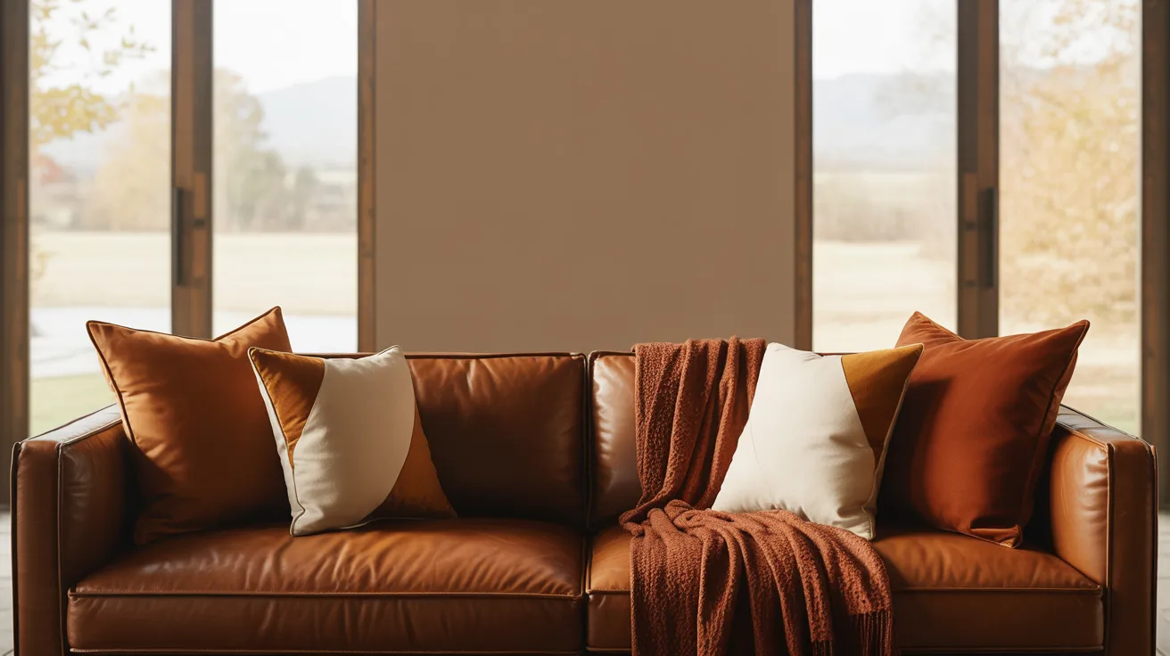A cozy brown leather sofa is adorned with rust and cream cushions, draped with a matching blanket. Large windows behind reveal a tranquil autumn landscape.
