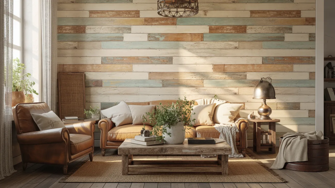 Cozy living room with rustic charm; features a leather sofa, armchair, and wooden table. Highlighted by a colorful reclaimed wood accent wall.