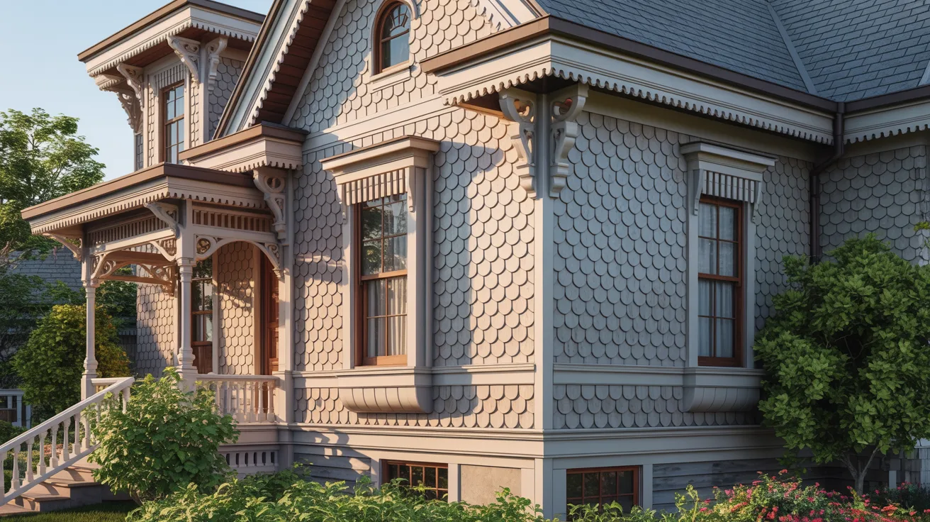 A Victorian-style house with intricate woodwork and fish-scale shingles, warm lighting, and lush greenery, creating a cozy and inviting atmosphere.