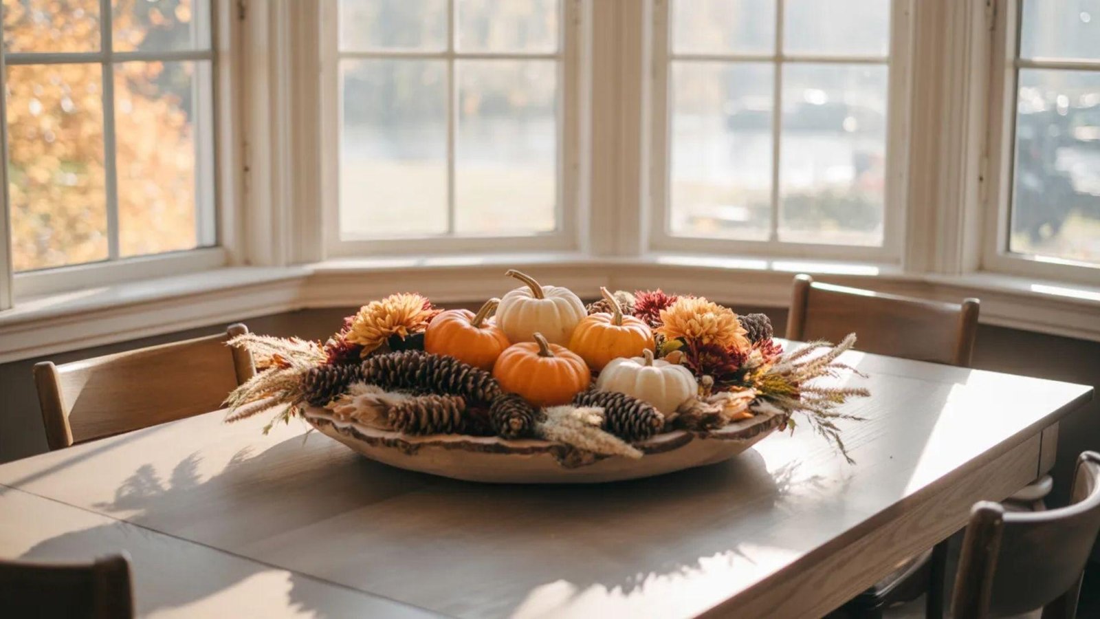 A cozy autumn centerpiece on a wooden table features mini pumpkins, pinecones, and colorful flowers. Sunlight floods the room through large windows, creating a warm, inviting atmosphere.