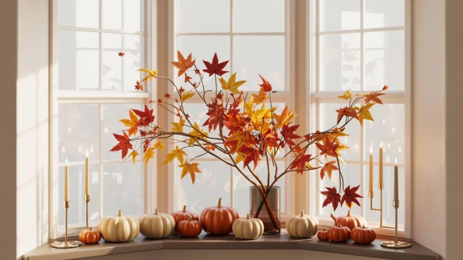 Autumn-themed window display with branches of red and yellow leaves, surrounded by assorted pumpkins and elegant candlesticks, conveying a cozy fall vibe.
