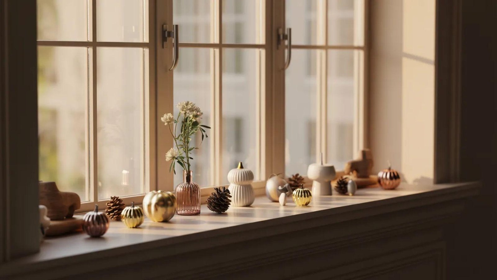 Sunlit window sill adorned with small pumpkins, pine cones, and a vase of white flowers, evoking a warm, cozy autumn ambiance.