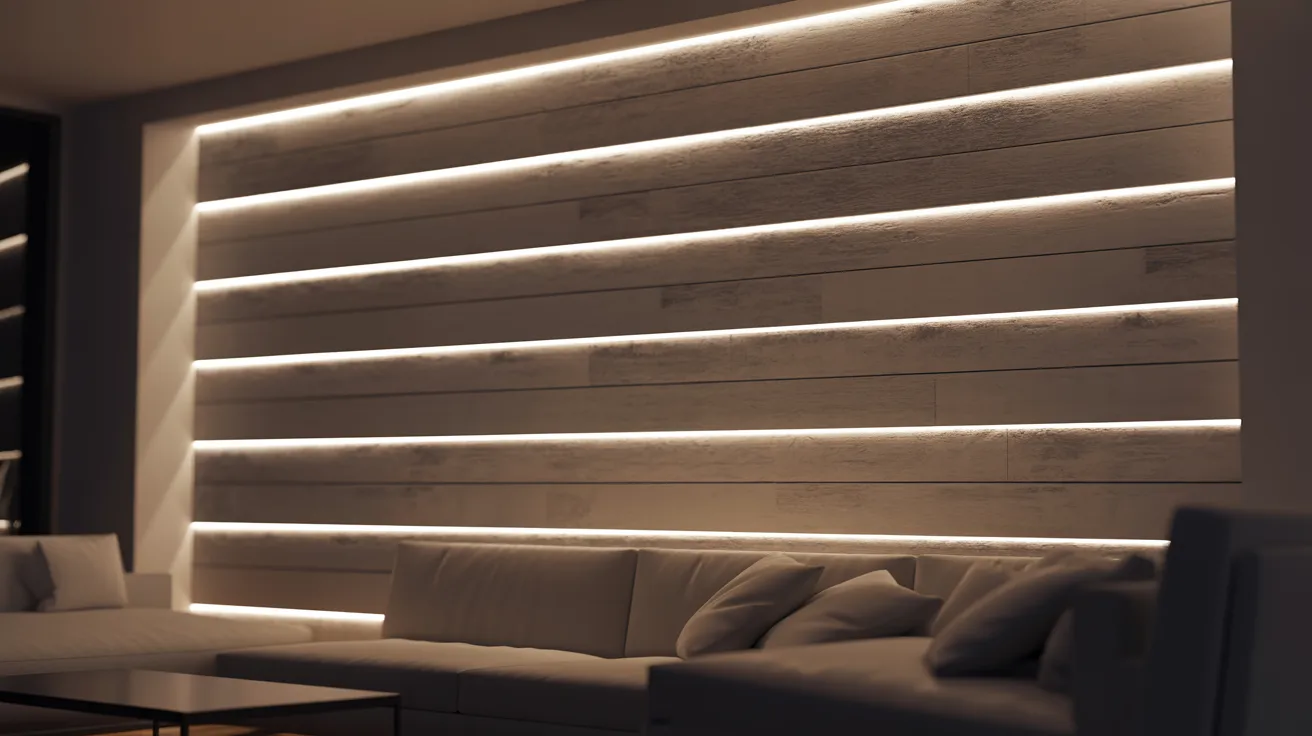 A modern living room with a minimalist design. The wall features horizontal wooden panels with soft, integrated lighting. A white sectional sofa with cushions is in the foreground. The atmosphere is cozy and inviting.