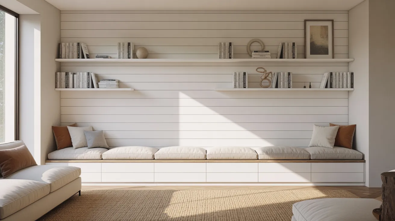 Modern living room with a long beige bench adorned with cushions beneath white shiplap shelves filled with books. Sunlight streams in, creating a warm, serene atmosphere.