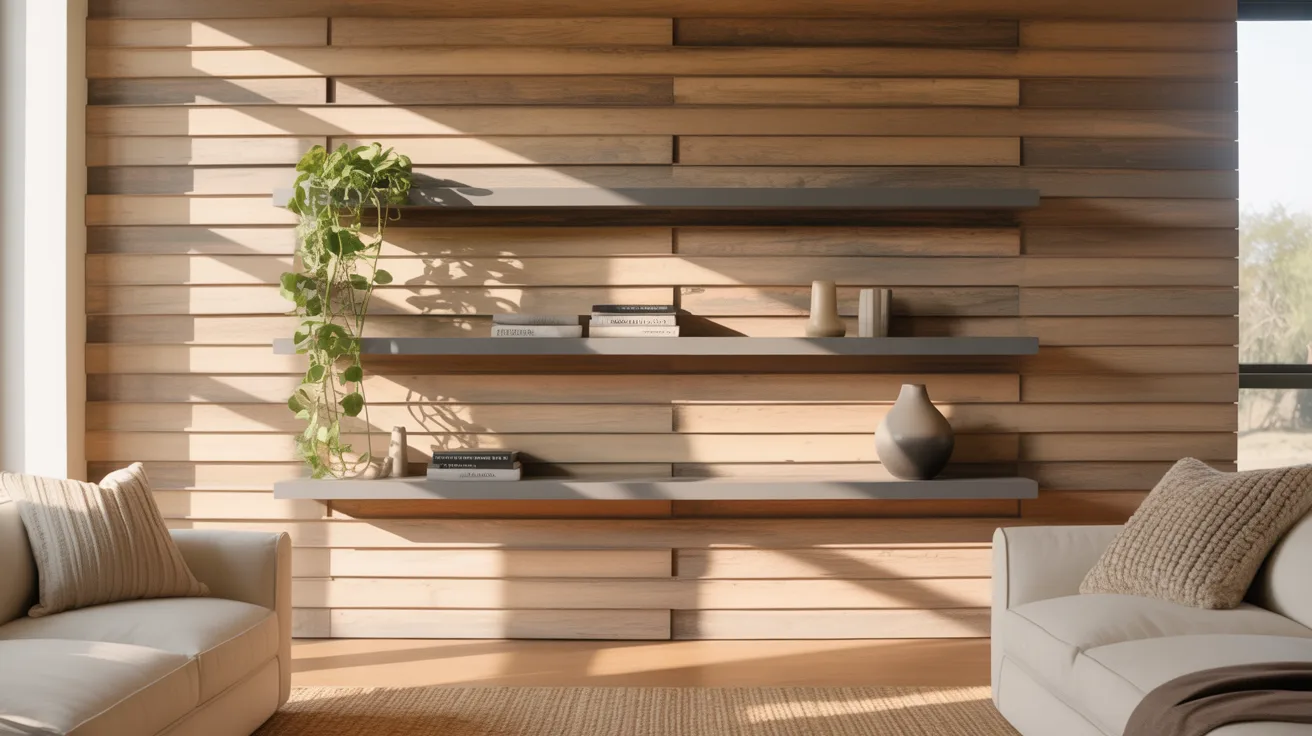Modern living room with light wood paneled walls and three gray shelves. A plant, books, and vases adorn the shelves. Soft, natural lighting creates a warm, serene atmosphere.