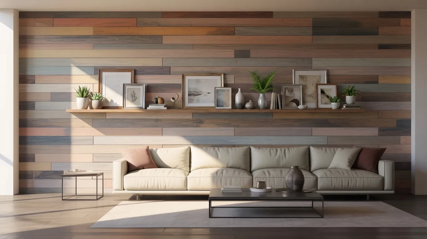 A modern living room with a light beige sofa against a wood-paneled wall. A shelf holds framed art and plants. Sunlight casts soft shadows, creating a cozy atmosphere.