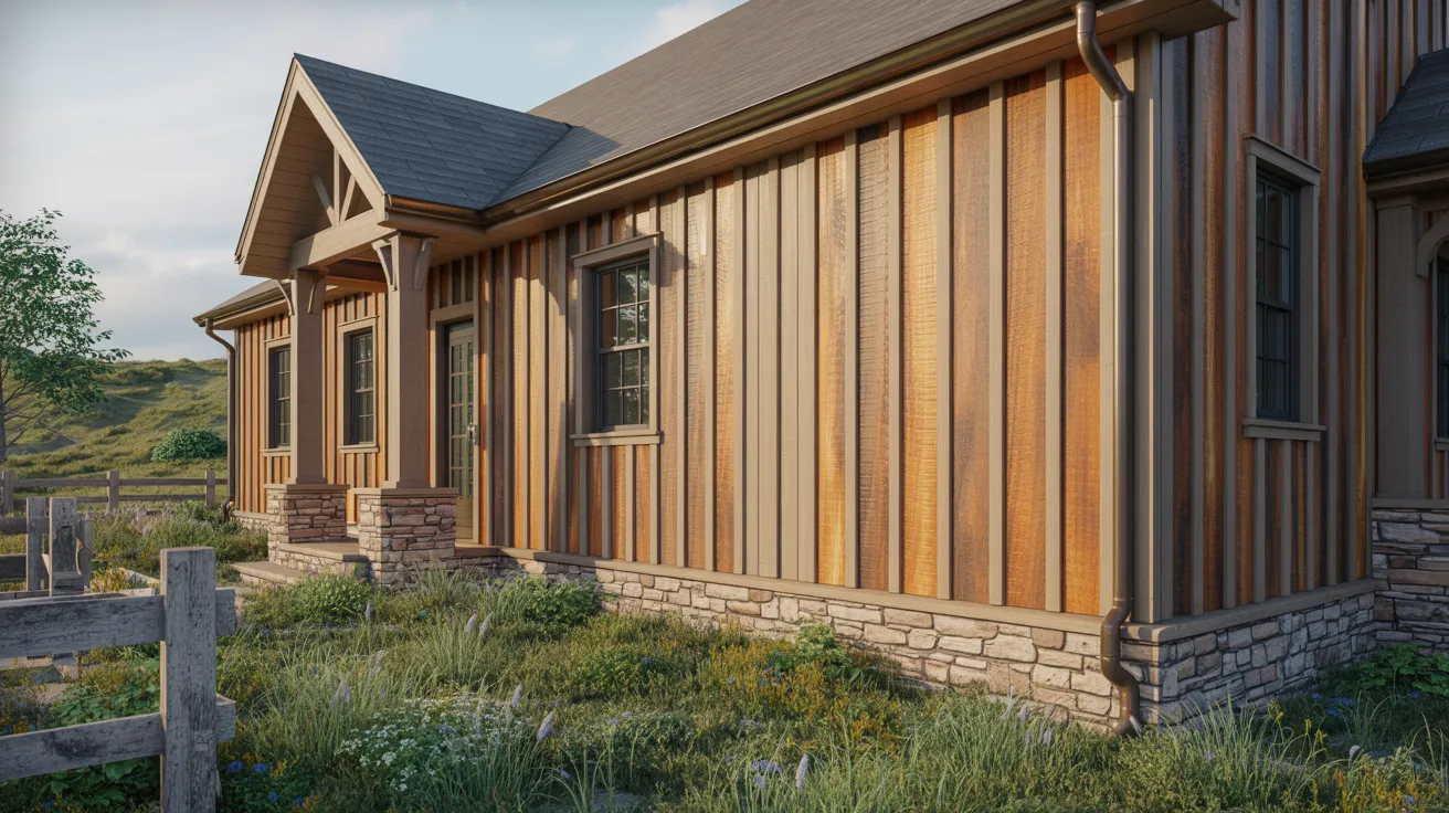 Wooden house exterior with vertical panels, stone foundation, and grassy landscape under a clear sky. Rustic and calm countryside setting.