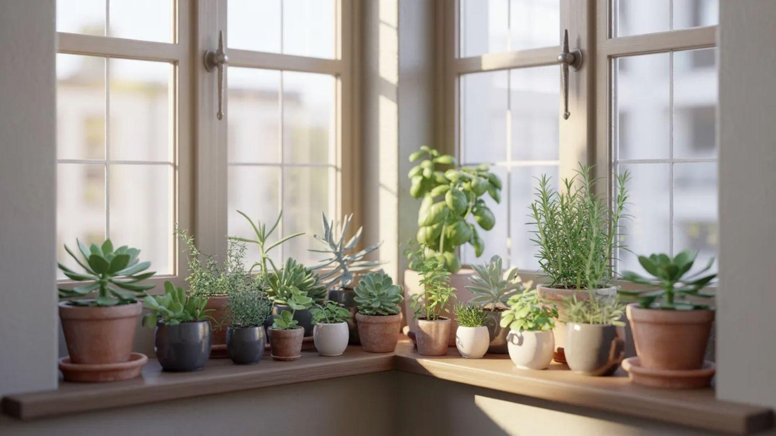 Sunlit window ledge with various potted plants, including succulents and herbs, in ceramic pots. The scene conveys a peaceful, natural ambiance.