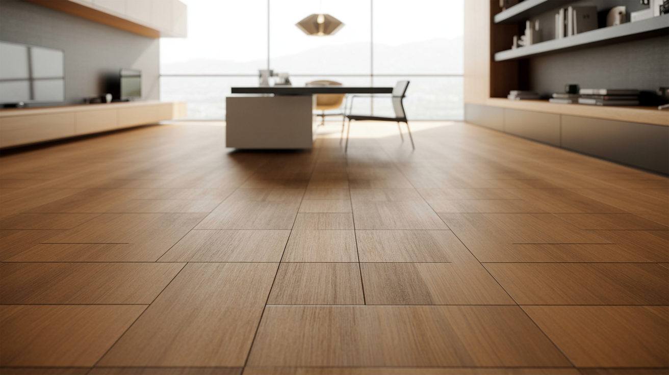 Modern living room with warm wood flooring, sleek furniture, and large windows, conveying an airy and minimalist ambiance. Shelves line one wall.