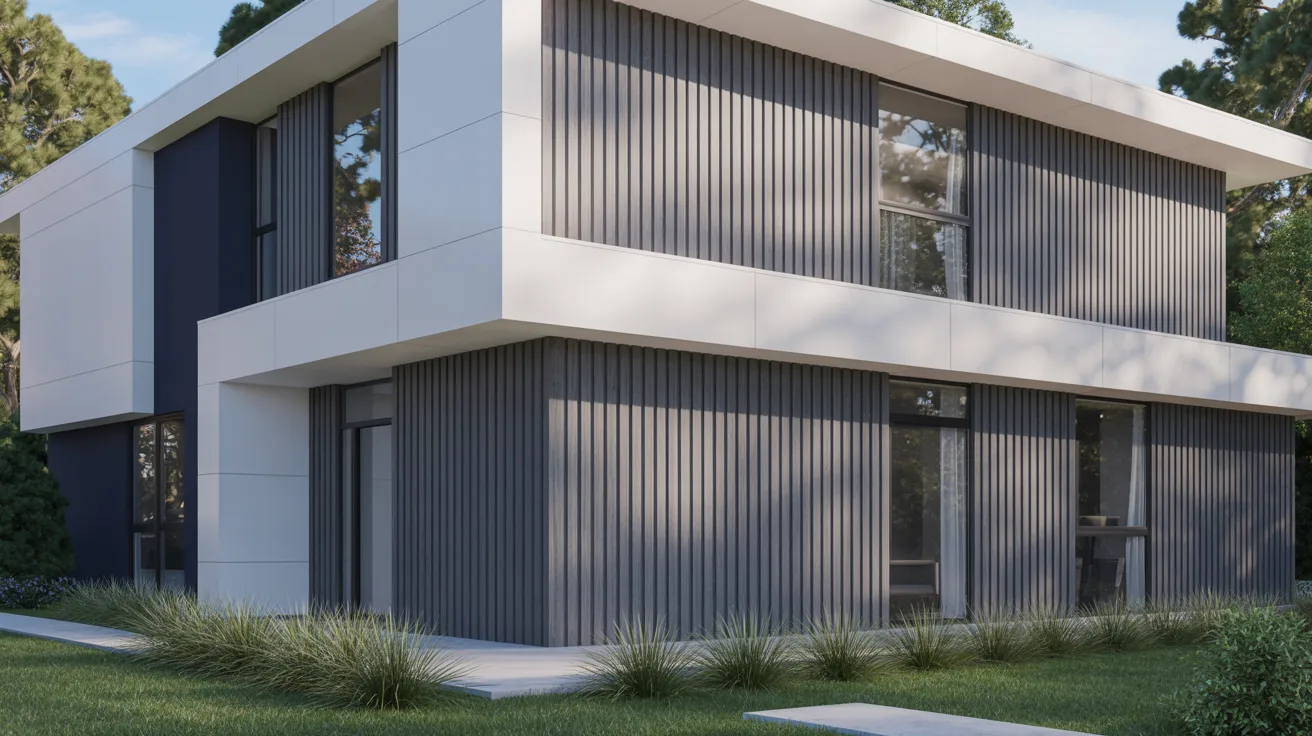 Modern two-story house with a sleek design featuring gray vertical paneling and large windows. Surrounded by grass and trees, under a clear blue sky.