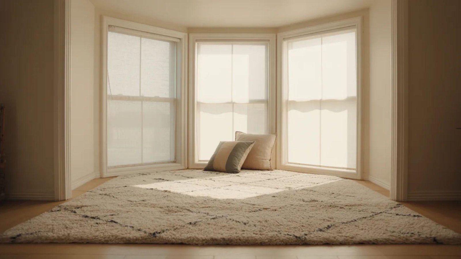 Bright room with large bay windows letting in soft light. A cozy beige rug and two pillows are on the wooden floor. The space feels peaceful and inviting.