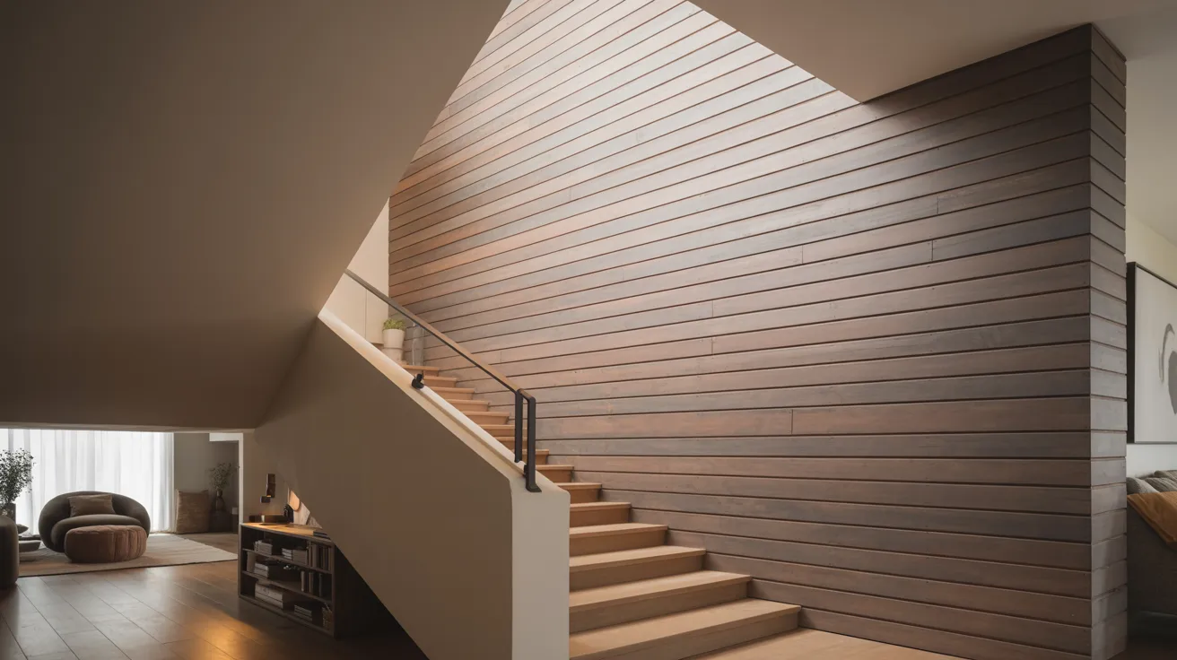 Sleek modern interior with a wooden staircase and slatted accent wall. Soft natural light highlights plush seating and bookshelves, creating warmth and elegance.