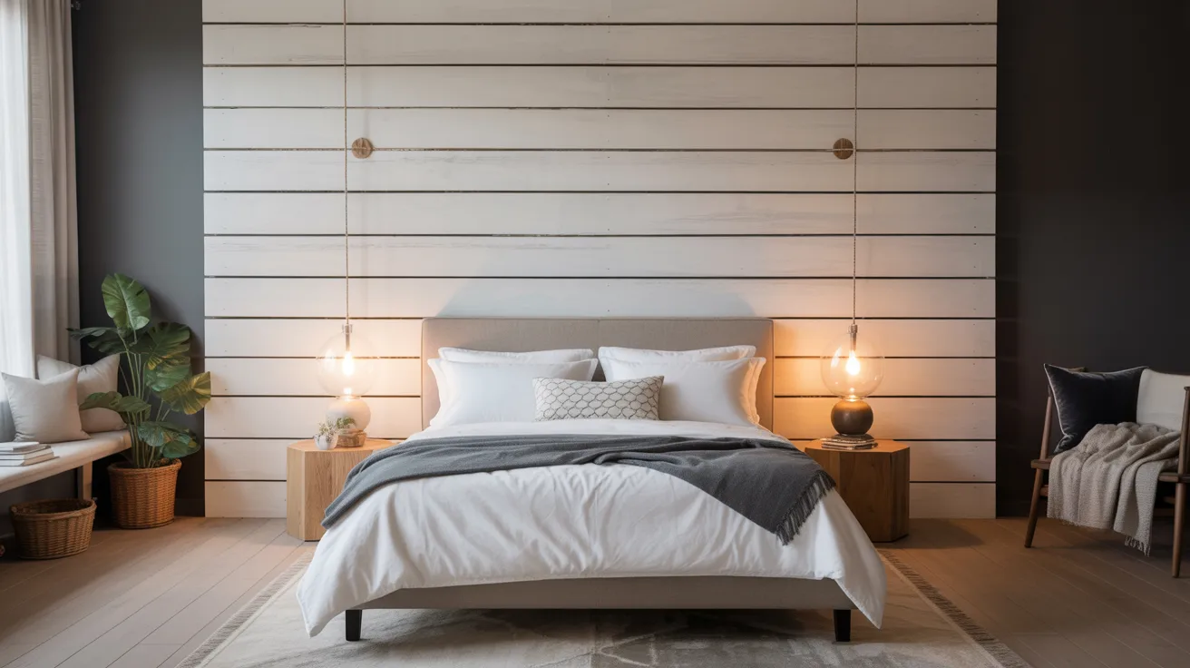 Modern bedroom with a cozy ambiance. Features a bed with white and gray bedding, wooden side tables, soft lighting, and a shiplap accent wall.