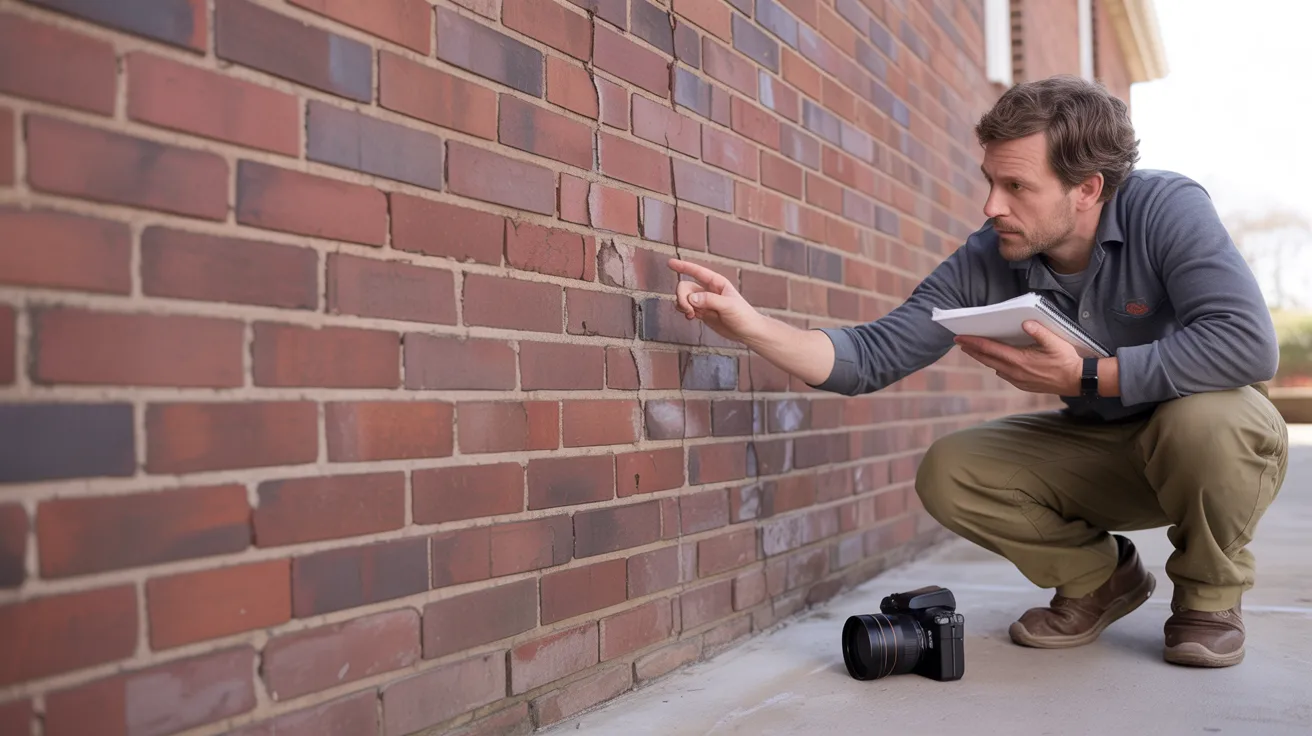 A man crouches next to a brick wall, closely examining it with a thoughtful expression. He holds a notepad, with a camera placed beside him on the ground.