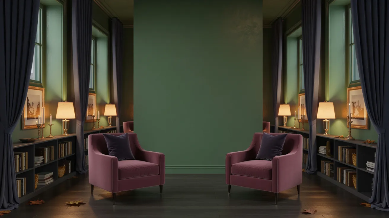 Two plush pink chairs face each other in a cozy room with dark wood floors, green walls, and bookshelves. Soft lighting and autumn leaves add warmth.