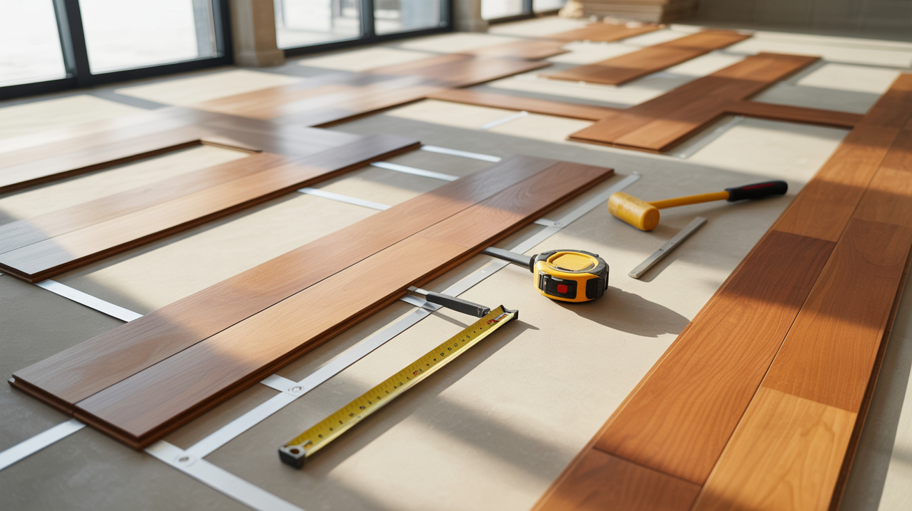 Wooden planks, measuring tape, and tools lie on the floor, indicating a home renovation scene with warm sunlight streaming through nearby windows.