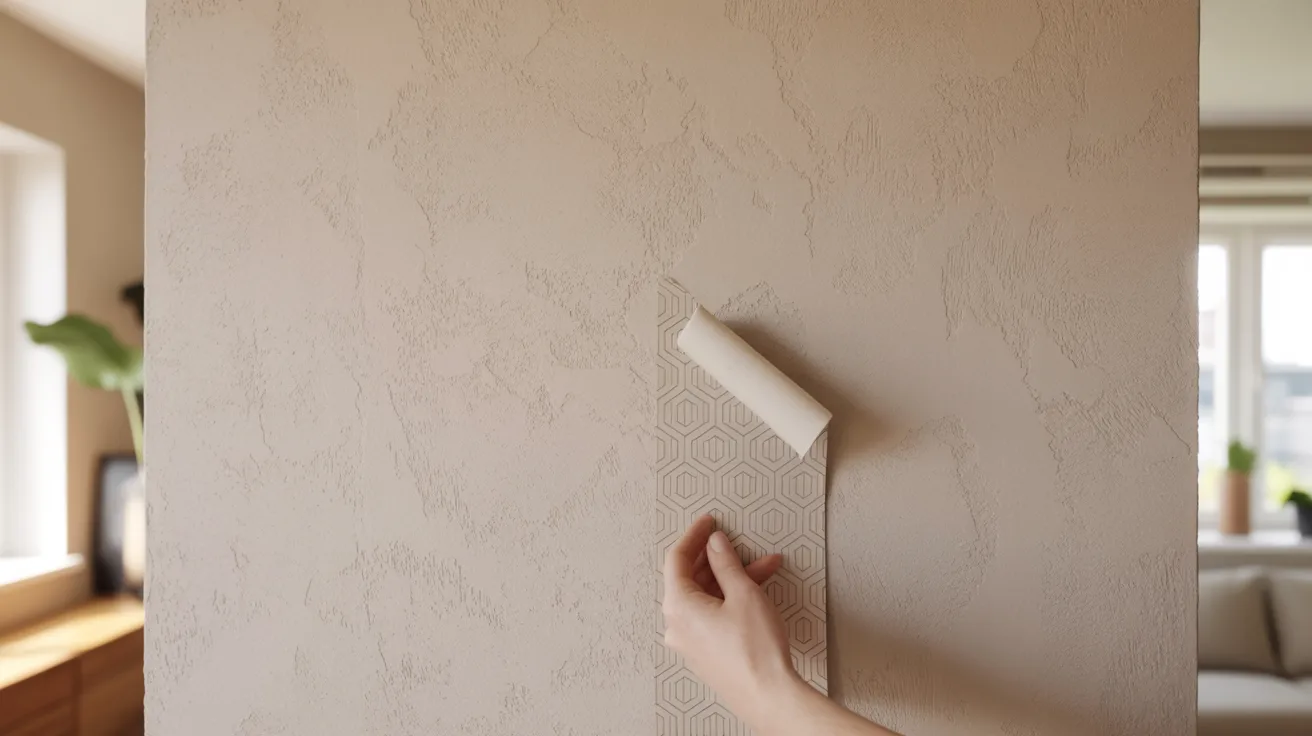A person carefully peels patterned wallpaper from a beige textured wall in a cozy, softly lit room with a large window and a plant in the background.