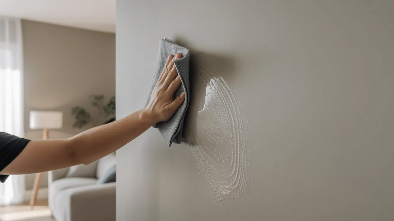 A person wipes a beige wall with a gray cloth, removing white cleaning foam. The room is calm, featuring a sofa, lamp, and plants in soft light.