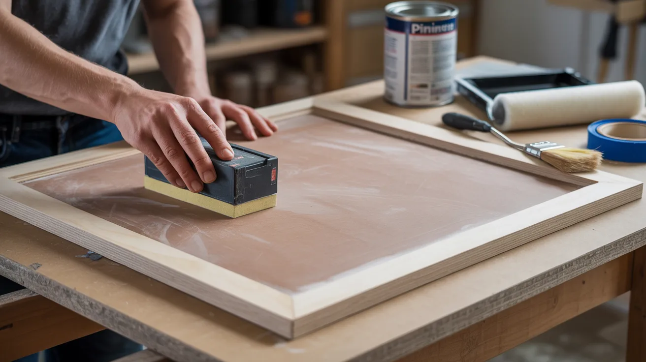 A person sands a wooden frame on a workbench, surrounded by tools and a can of varnish, suggesting a woodworking project in progress.