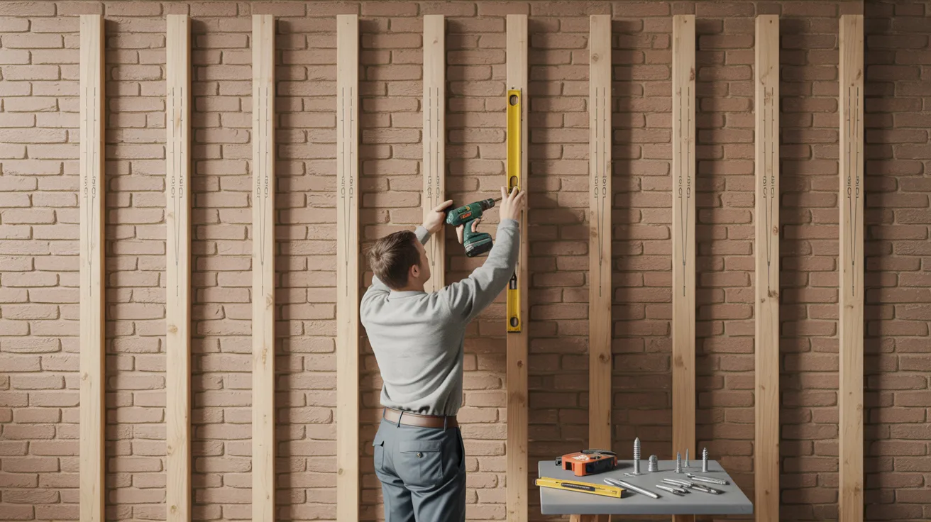 A man uses a drill and a yellow level to work on wooden studs against a brick wall. A table nearby holds tools, creating a focused, industrious mood.