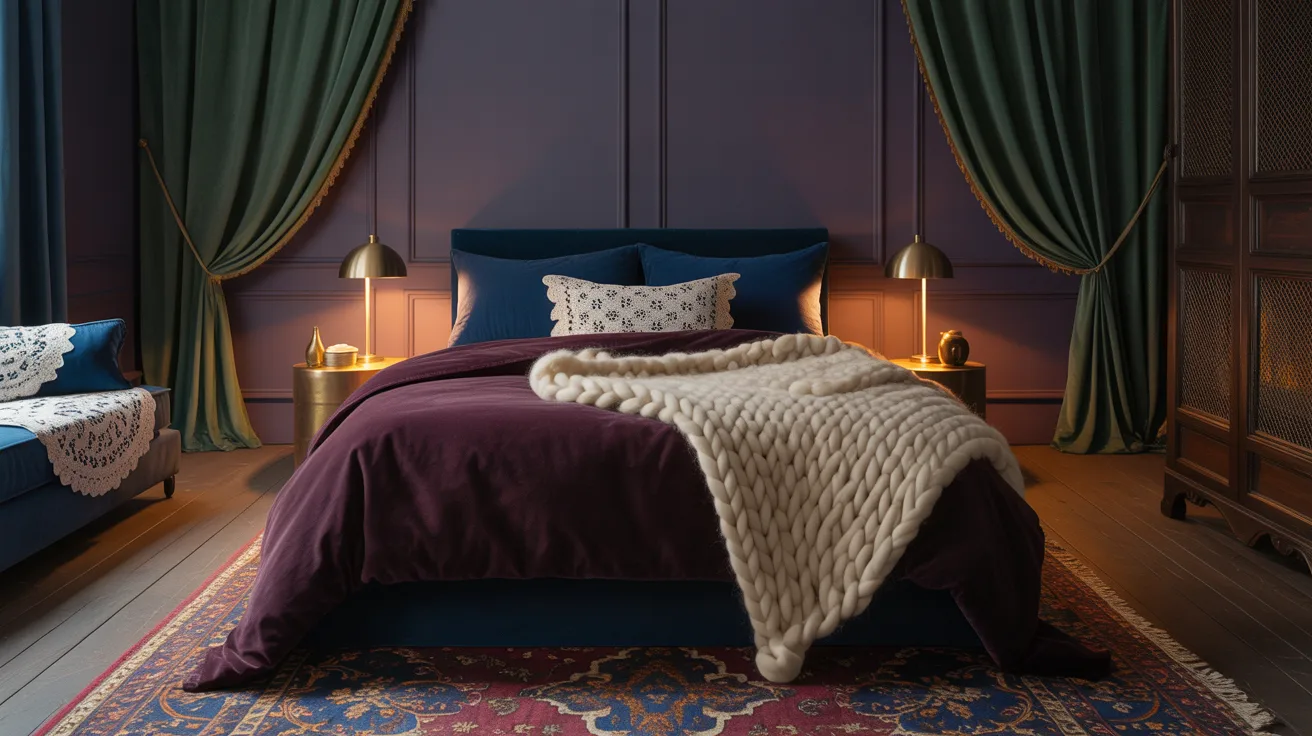 A cozy bedroom with dark blue walls features a plush bed draped in a burgundy blanket and thick cream knit throw. Warm lighting and elegant curtains enhance the ambiance.
