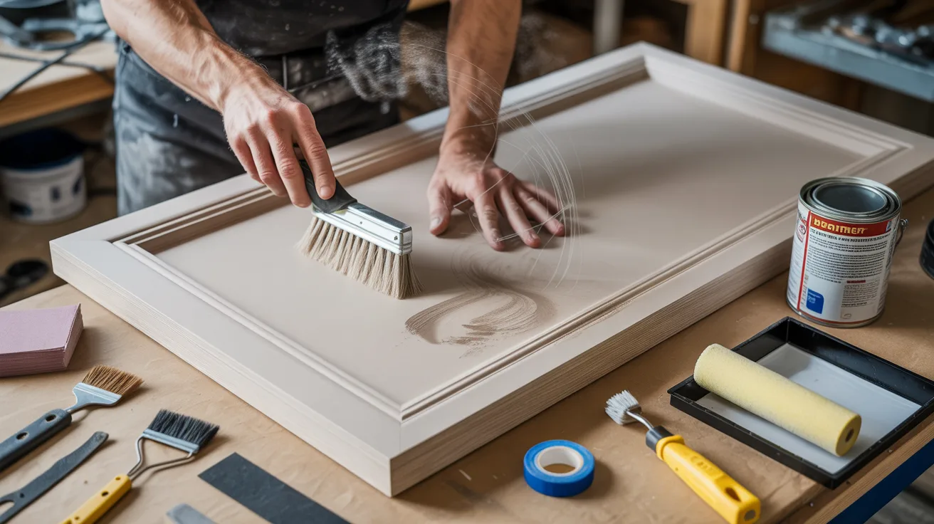 A person dusts a large wooden frame with a brush, surrounded by painting tools and a varnish can on a workbench, conveying a focused, workshop atmosphere.