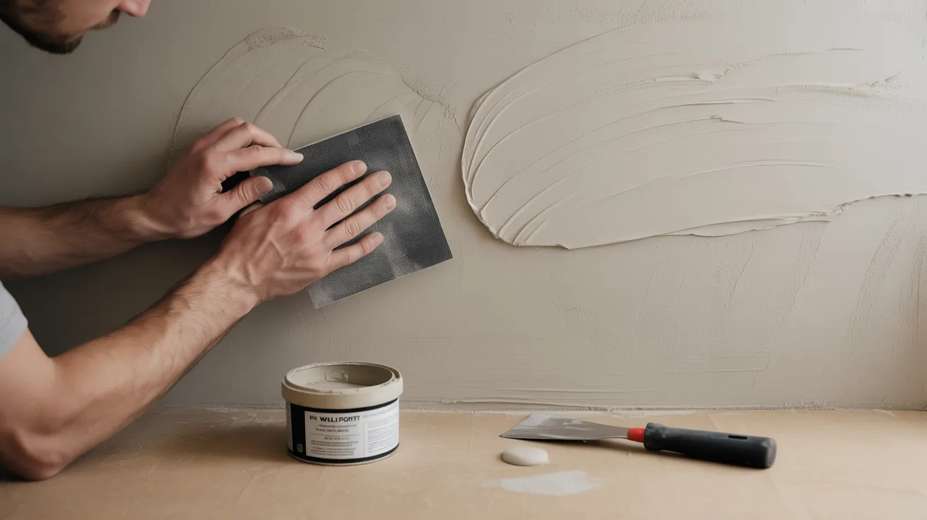 A person uses a metal tool to smooth beige plaster on a wall. A can of wall putty and a putty knife lie on a wooden surface, suggesting home improvement.