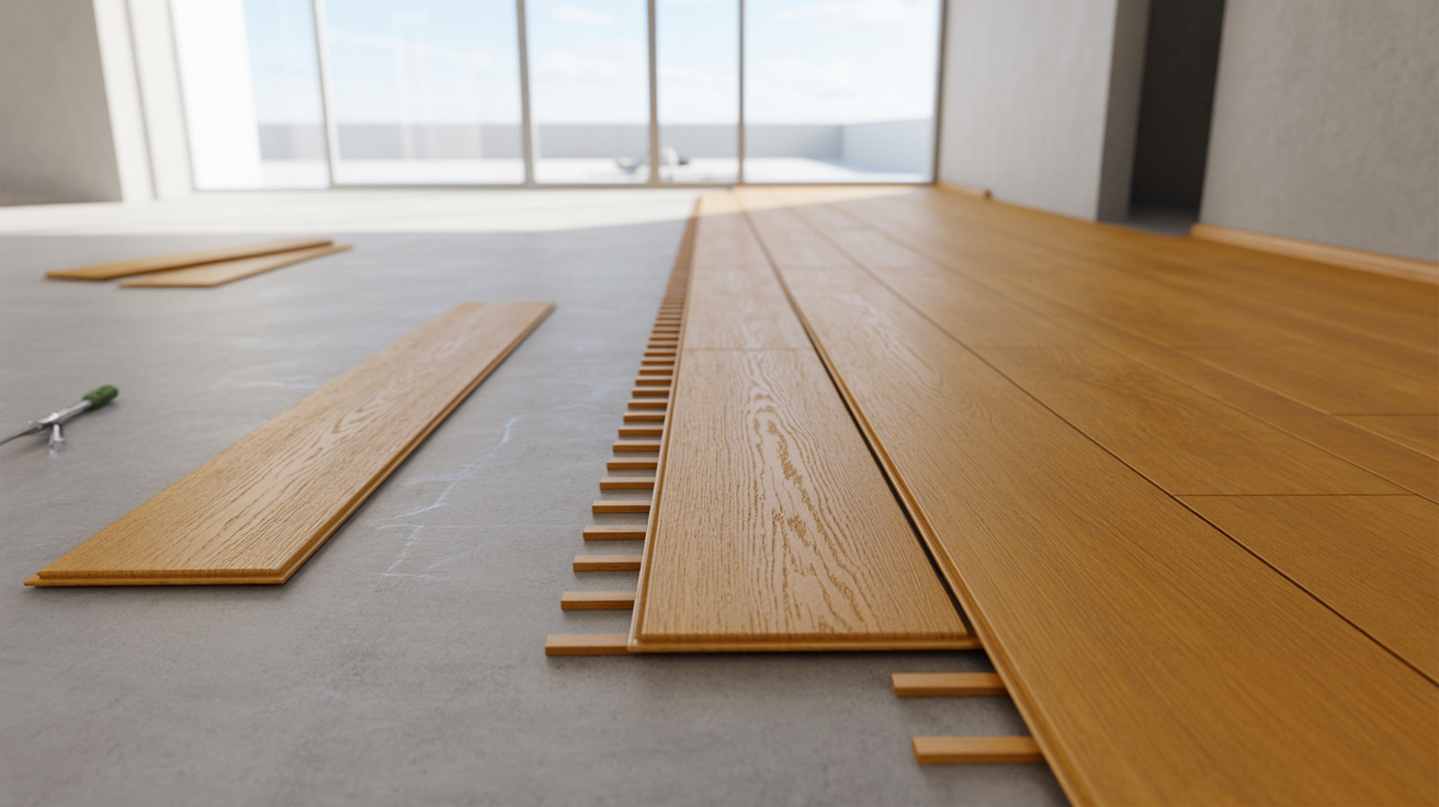 Wooden flooring is being installed in a spacious, sunlit room. The floor is half-finished, with planks and tools scattered nearby, creating a calm, orderly atmosphere.